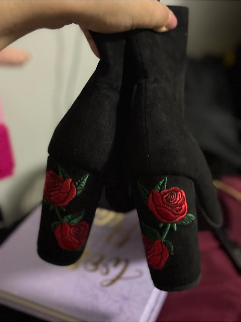 Black Suede-Look Block Heel Boots with Red Rose Embroidery